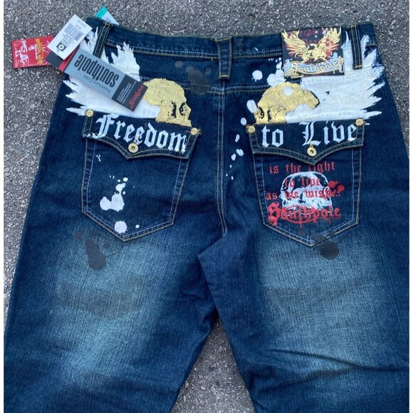 BNWT Y2K SouthPole Embroidered Freedom to Live Tint Khaki Jeans Size 42 - Picture 2 of 14